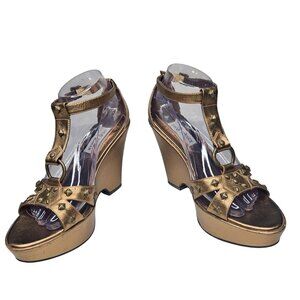 STEVE MADDEN platform ankle strap gold leather studded wedge women's shoes sz  8